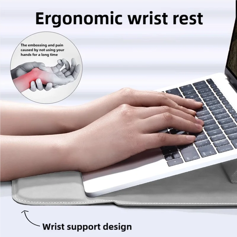 Housse pour ordinateur portable en cuir PU avec rabat magnétique et repose-poignets